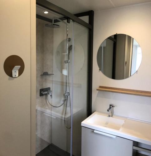 a bathroom with a shower and a sink and a mirror at Villapark de Paardekreek in Kortgene