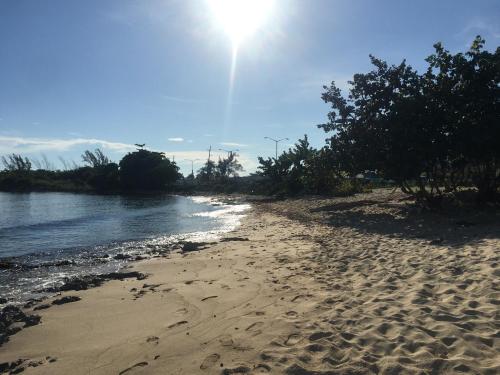a beach with footprints in the sand and the water at African Symbol Guest House in Montego Bay