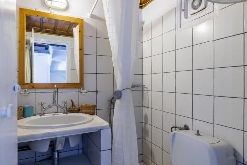 ein Badezimmer mit einem Waschbecken, einem Spiegel und einem WC in der Unterkunft The Lemon Tree House in Skopelos