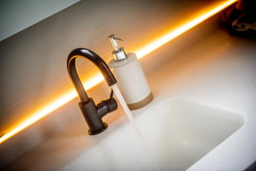 a sink with a soap dispenser next to a bathroom sink at Skapya Treehouse with private hot tub . in Helston