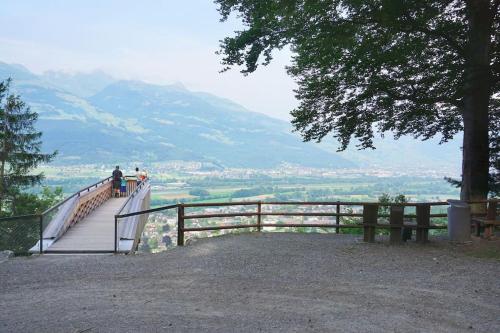 a person standing on a walkway overlooking a valley at HERZLI-CHALET über dem Rheintal mit Schlossblick in Werdenberg
