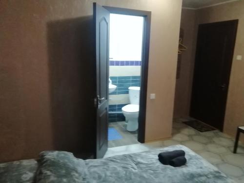 a bathroom with a toilet and a bed in a room at Hotel Europlus in Poltava