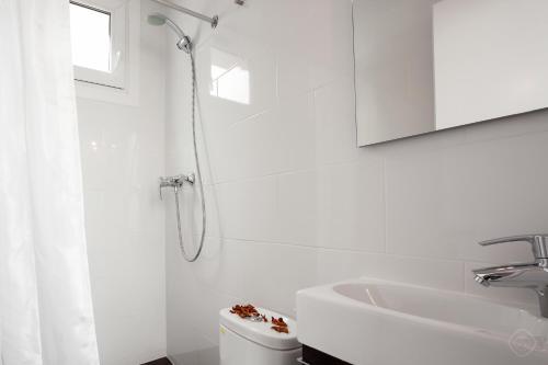 a white bathroom with a shower and a sink at Eixample Sagrada Familia Apartments II in Barcelona