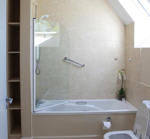 a bathroom with a bath tub and a toilet at 4 bedroom holiday home with wheelchair accessible bathroom 2km from Kenmare in Kenmare