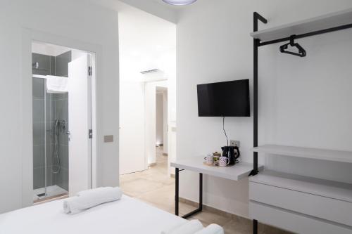 a bedroom with a bed and a tv and a shower at CIVICO 237 in Naples