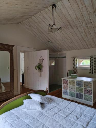 1 dormitorio con 1 cama grande y techo de madera en GITE DE LA JANIERE, en Sainte-Luce-sur-Loire