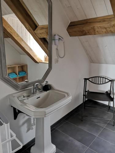 une salle de bain avec un lavabo et un miroir dans l'établissement Au Terminus 15 Personnes, à Hautvillers
