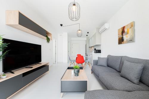a living room with a couch and a flat screen tv at Apartamento Los Alcores in San Miguel de Salinas