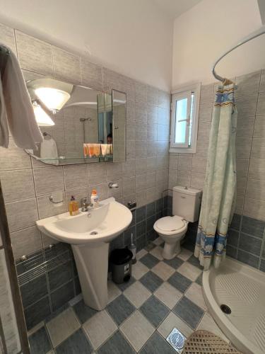a bathroom with a sink and a toilet and a mirror at Lydia’s house in Argostoli