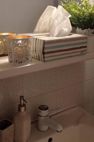 a kitchen counter with a shelf with a sink at Sophie's Summer House in Nea Fokea