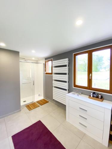 La salle de bains est pourvue d'une coiffeuse blanche et d'une douche. dans l'établissement Charmante maison avec Piscine chauffée à 1h30 de Paris - Perche, à Les Autels-Villevillon