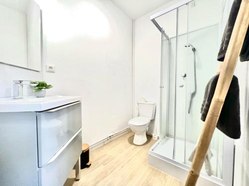 uma casa de banho com uma cabina de duche em vidro e um WC. em Le Mélusine , à 50m de la gare de Poitiers em Poitiers