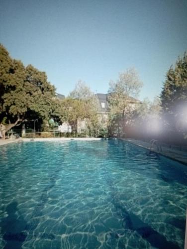 a large pool of blue water in a yard at Granja de San Antonio in Fresnedillas