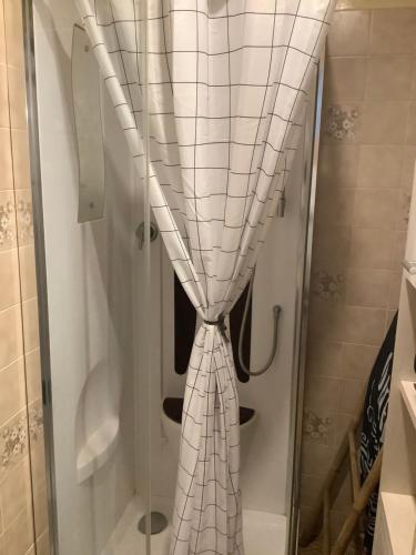 uma cortina de chuveiro está pendurada numa cabina de duche em LES AMOUREUX DU VIEUX LAVOIR T3 Hyères Médiéval em Hyères