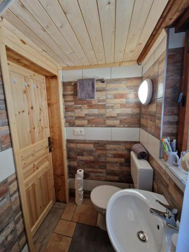 La salle de bains est pourvue de toilettes et d'un lavabo. dans l'établissement OTO`S CABIN, à Radovljica