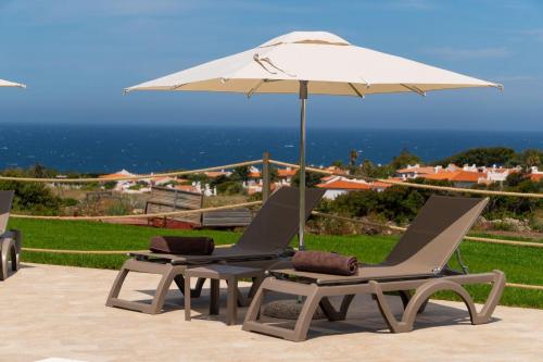 two chairs and an umbrella with the ocean in the background at La Casa di Spinosella in Valledoria