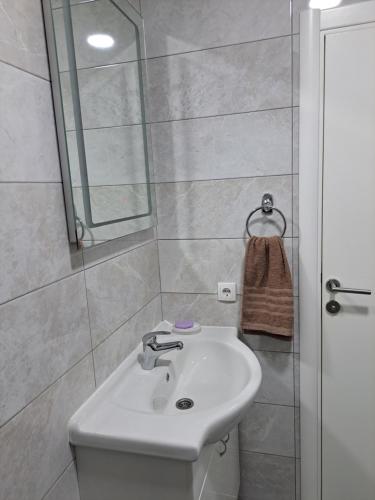 een badkamer met een witte wastafel en een douche bij Apartman Knežević in Donja Varoš