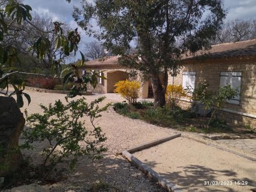 a brick house with a tree in front of it at La maison d'en haut in La Capelle-et-Masmolène