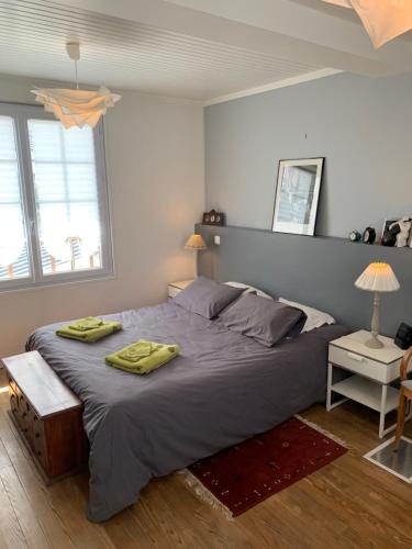 1 dormitorio con 1 cama grande y 2 toallas. en Chez Viviane en Fontaine-Étoupefour