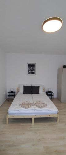 Cama en habitación blanca con pared blanca en Blue Moon Apartman, en Eger