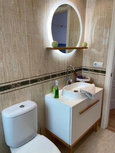 a bathroom with a toilet and a sink and a mirror at Casa Javson in A Coruña