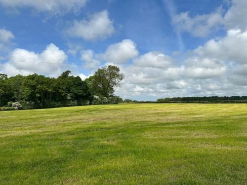 a large field of green grass with trees in the background at The Stag's Head - Shepherds Hut in Great Singleton