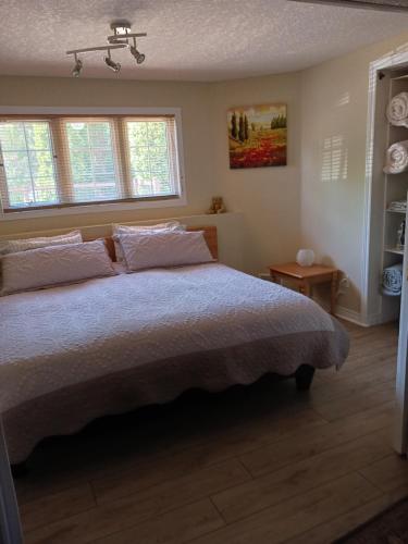 a bedroom with a large bed and two windows at Hanna's House in Elora