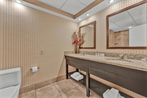 a bathroom with a sink and a toilet and a mirror at Buffalo Airport Hotel in Cheektowaga