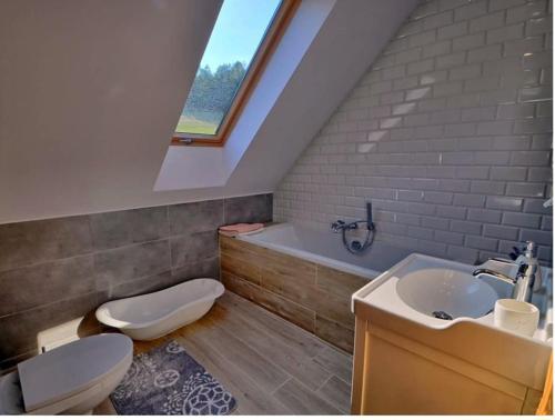 a bathroom with a sink and a bath tub at Miodowa Chata in Brenna