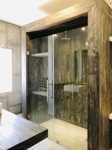 a shower with a glass door in a bathroom at Casa la Noria in Parras de la Fuente