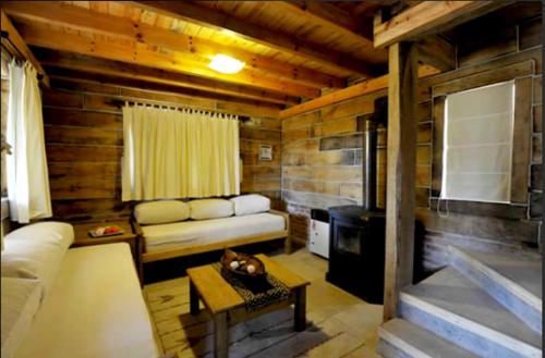 una sala de estar con sofá en una cabaña de madera en Cabañas del Peñon 4 - 1 dorm en La Cumbrecita