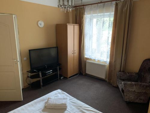 Schlafzimmer mit einem Bett, einem TV und einem Fenster in der Unterkunft Sala Apartments in Riga