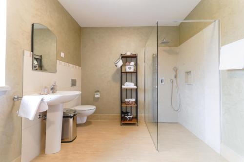 ein Bad mit einem WC, einem Waschbecken und einer Dusche in der Unterkunft Bed & Breakfast Kaštel in Žbandaj