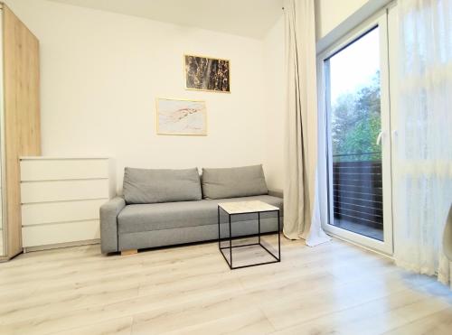 a living room with a couch and a window at White Studio in Wieliczka