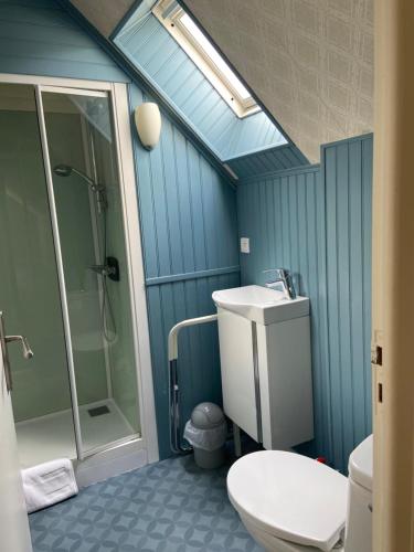 y baño azul con aseo y ducha. en Chambres d'Hôtes Ferme de Kereven, en Clohars-Fouesnant