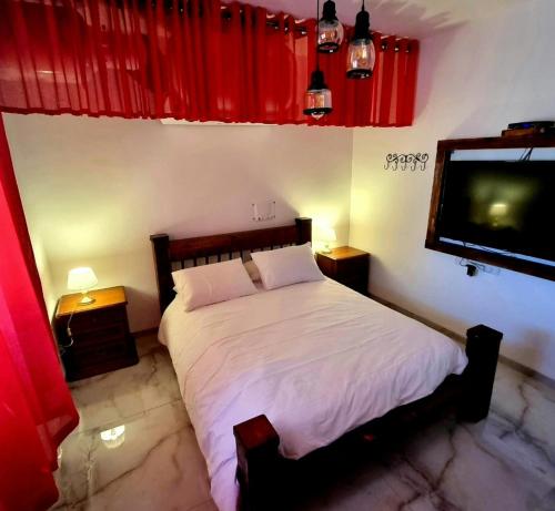 a bedroom with a bed and a flat screen tv at The Pearl of the Golan - Pnina BaGolan in Had Nes