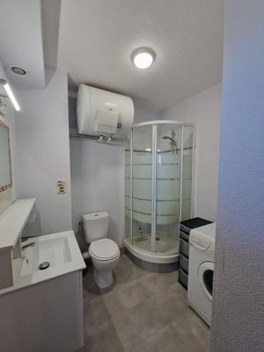 une salle de bain avec une douche, des toilettes et un lavabo dans l'établissement Studio cabine Canet Plage Parking, à Canet