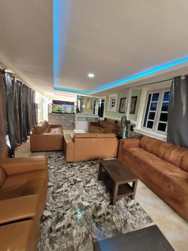 sala de estar con sofás y alfombra en Dazzle Hotels and Apartments en Jidu
