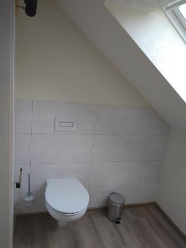 a bathroom with a white toilet in a attic at Ferienhaus Opolka in Balgstädt