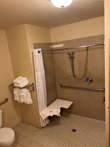 a bathroom with a shower and a toilet at Comfort Inn & Suites Rawlins in Rawlins