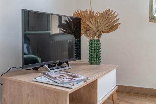 a television on a table with a vase of flowers at Un pied à terre avec terrasse à la Cathédrale - Une Nuit à Nîmes in Nîmes