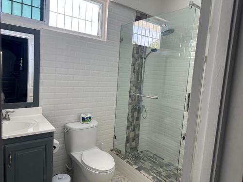 a bathroom with a toilet and a glass shower at Remarkable 1-Bed Apartment in Montego Bay in Montego Bay