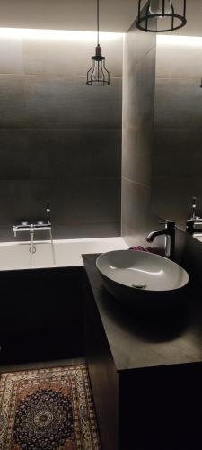 een badkamer met een witte wastafel en een spiegel bij Jelskio apartamentai in Vilnius