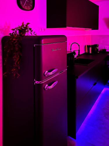 a black refrigerator in a kitchen with purple lights at NOVA Romantic Luxus Relax Apartments mit Sauna, Nürburgring, Adenauer Forst in Adenau