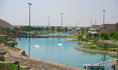 a pool of blue water with white swans in it at Green Mubazzarah Chalets in Al Ain