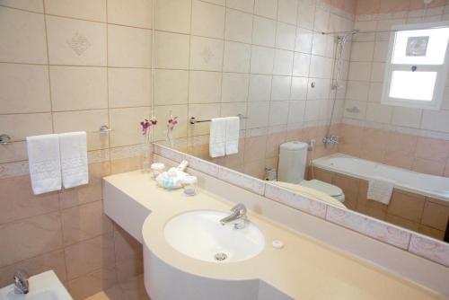 a bathroom with a sink and a toilet and a mirror at Green Mubazzarah Chalets in Al Ain