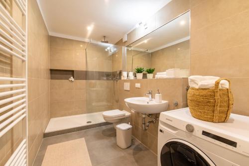 a bathroom with a sink and a toilet and a shower at Casita Loft in Ludwigshafen am Rhein
