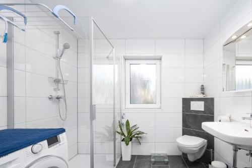 a white bathroom with a toilet sink and a shower at Familienfreundliche 3-Zimmer-Ferienwohnung in Saal an der Donau