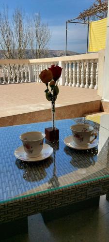 un vaso con una rosa su un tavolo con due piatti di Tonica Put rive 17 a Metajna