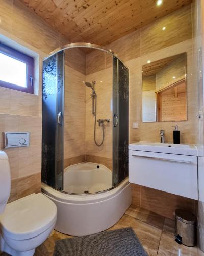 a bathroom with a shower and a toilet and a sink at Domki Letniskowe Na Slonecznym Wzgorzu in Władysławowo